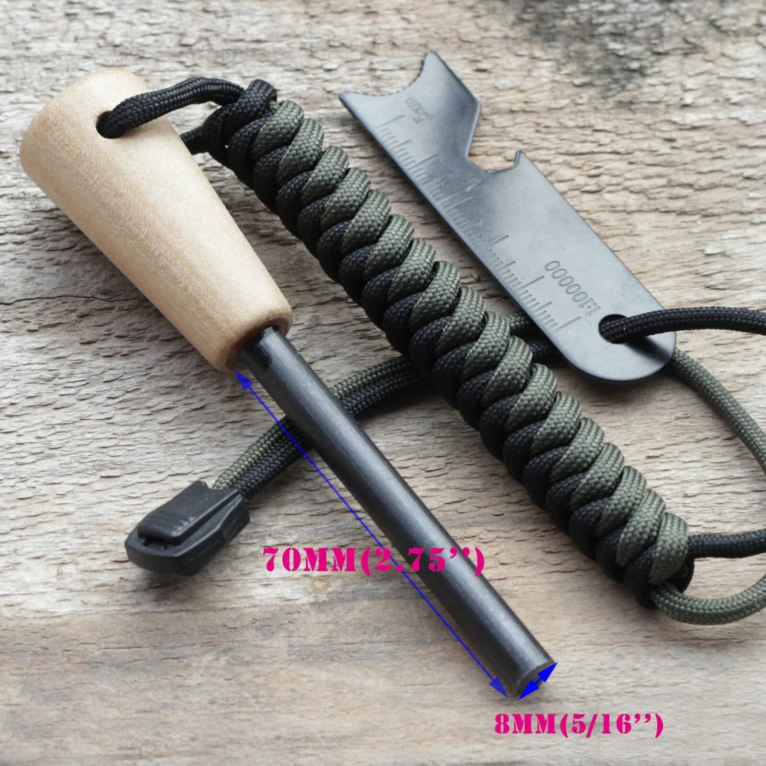 8 In 1 Survival Fire Starter With Wooden Handle And Paracord