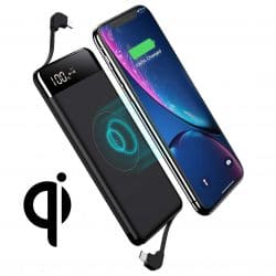 Portable 10000mAh Mini Power Bank with Built-In Cables & Qi Wireless Fast Charge - Black